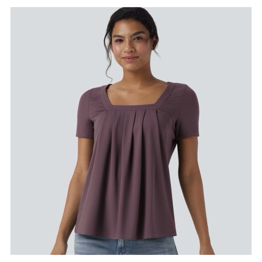 New Halara Pleated Square Neck Top XL Plum Wine Short Sleeve Activewear Blouse